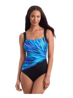 NWT Mimi Flamingo Squareneck Illusion Tank One Piece Swimsuit Blue Multi 10